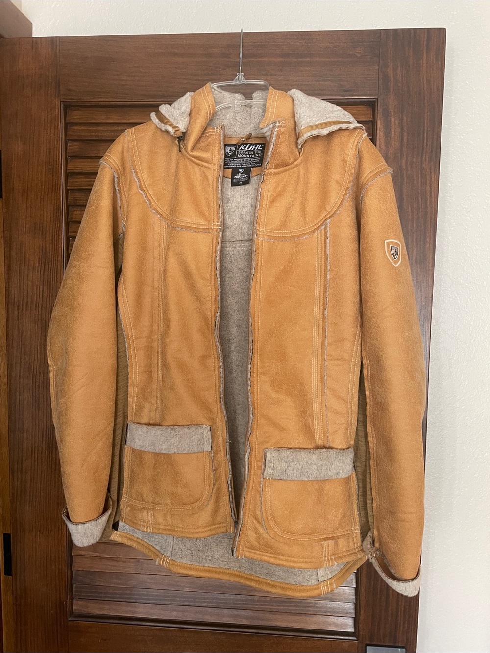 Kuhl women's Tan Dani Suede Shearling-Lined Hooded Jacket